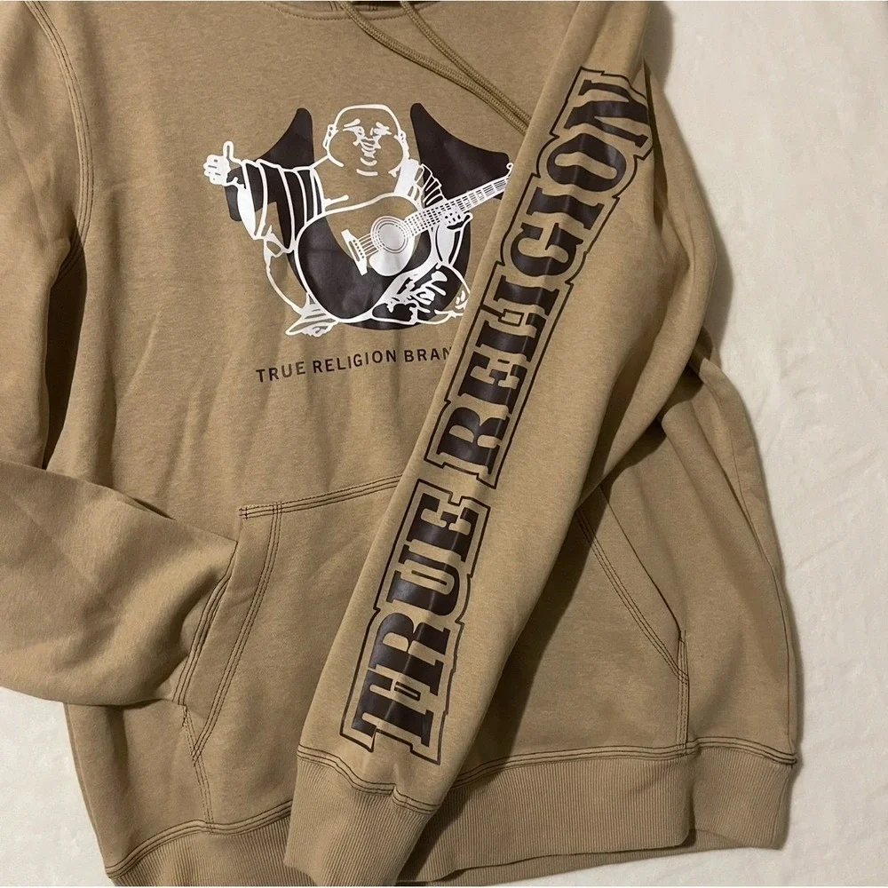 True Religion Mens‎ Travertine Tan Buddha Graphic Pullover Hoodie Small